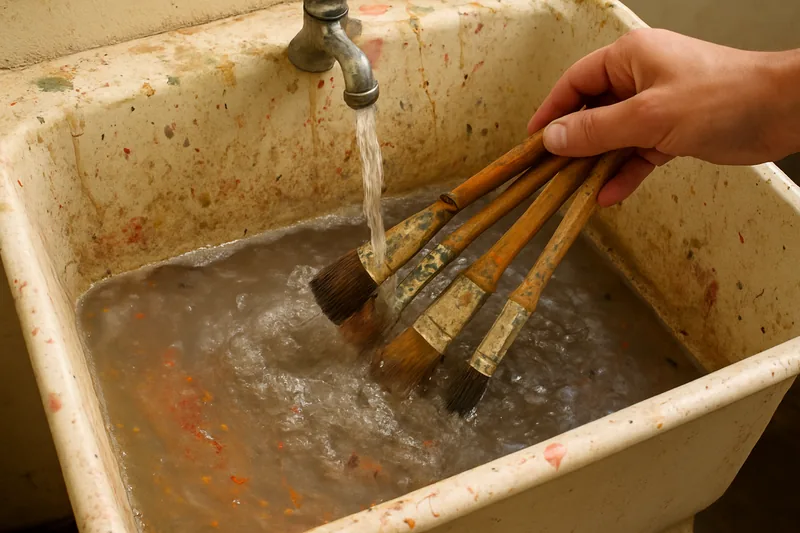 Paintbrushes being rinsed in a deep laundry sink — paint waste and wash water, Bendigo. Illustrative example.