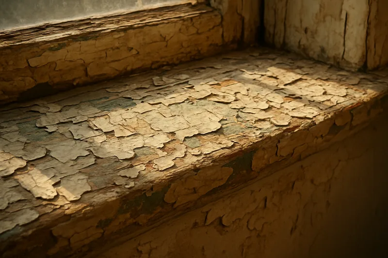 Layers of flaking paint on an old timber window sill in raking light — painting an older home and lead paint, Bendigo. Illustrative example.