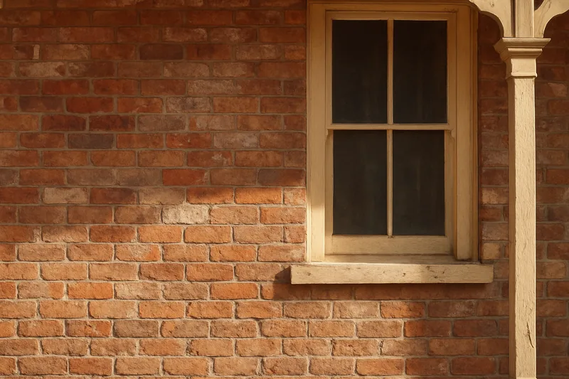 An old face-brick wall left unpainted beside a painted timber window — painting in a heritage overlay, Bendigo. Illustrative example.