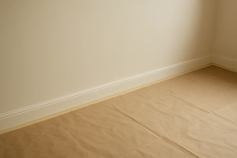 Masking tape along a skirting board with a floor sheet in an empty room — painter quotes, contracts and registration, Bendigo. Illustrative example.